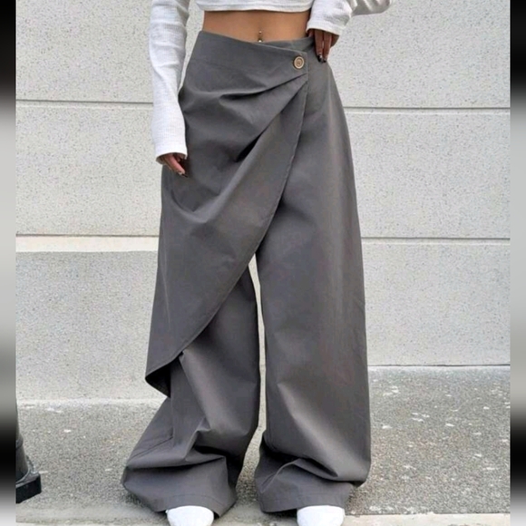 Pants - Gray Wide-Leg Wrap Pants